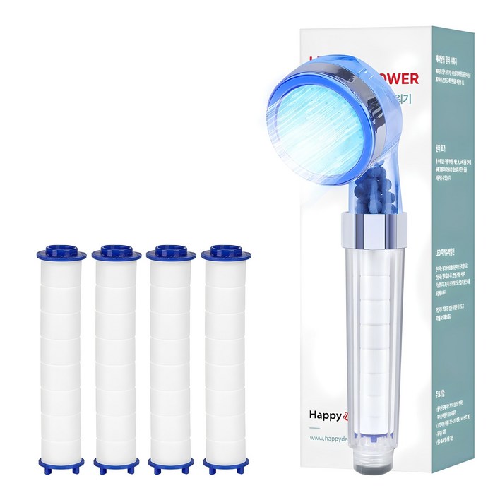 해피달링 3색 LED 필터 수압상승 샤워기 헤드 수온감지 수력발전 + 리필필터 4p 세트