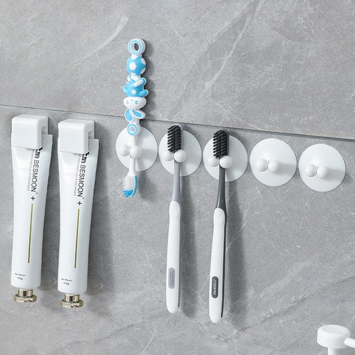 무식이네 공중부양 흡착 칫솔걸이 5p 접착 치약걸이 2p 세트, 화이트, 1세트