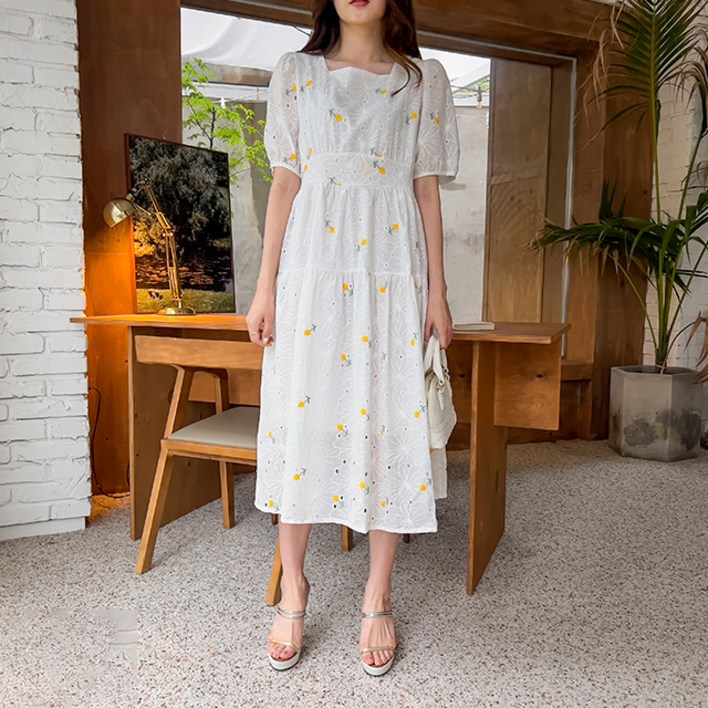 페이퍼먼츠 노란 꽃자수 펀칭 청순 여름 원피스 02247 빅사이즈 포함