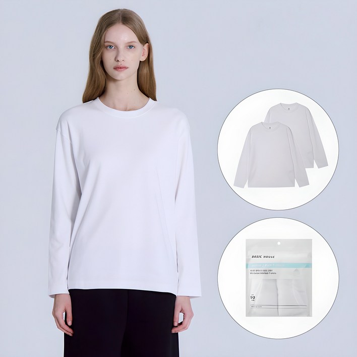 베이직하우스 여성용 통기성 40수 릴렉스핏 라운드 긴팔티셔츠 2종 세트