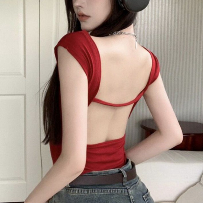 피어니스트 여성용 백 포인트 패드 슬림 크롭 티셔츠 2p