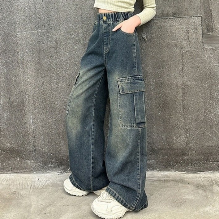 이유몽 루즈핏 데님 밴딩 와이드 카고 롱 팬츠 E6S302
