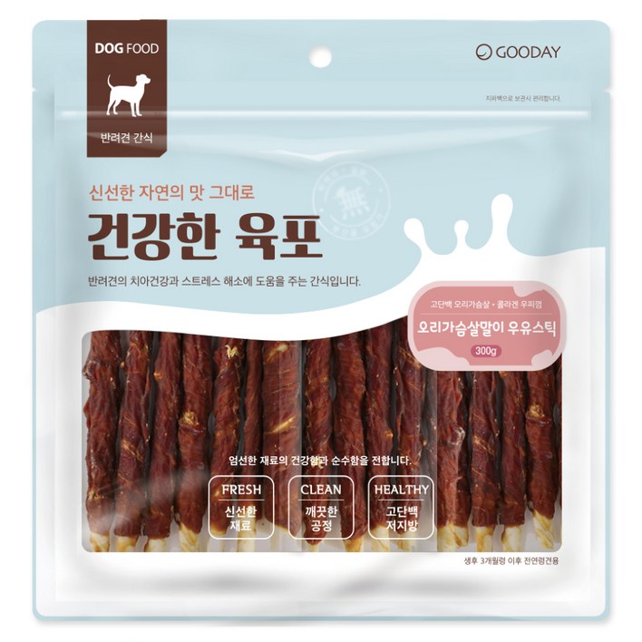 굿데이 강아지 건강한 육포 우유스틱 껌 300g, 오리가슴살  우유 혼합맛, 300g, 1개