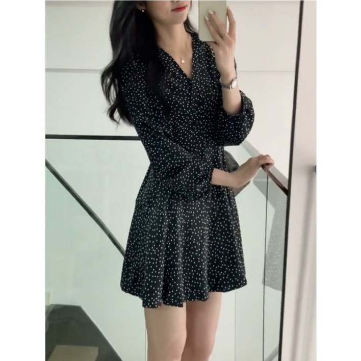 레이디 매직lady magic 여성 캐주얼 V넥 땡땡이 쉬폰 긴팔 미니 원피스