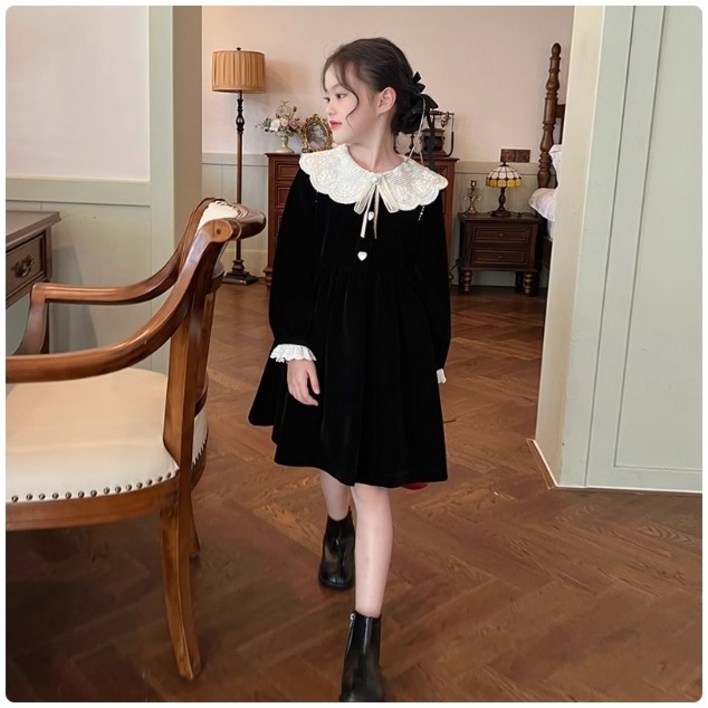 AC4661 여아 키즈 주니어 겨울 봄 가을 고퀄 벨벳 융 면혼방 카라넥 리본장식 레이스 미디 크리스마스 원피스 드레스 치마 연말 파티 데일리 아동복