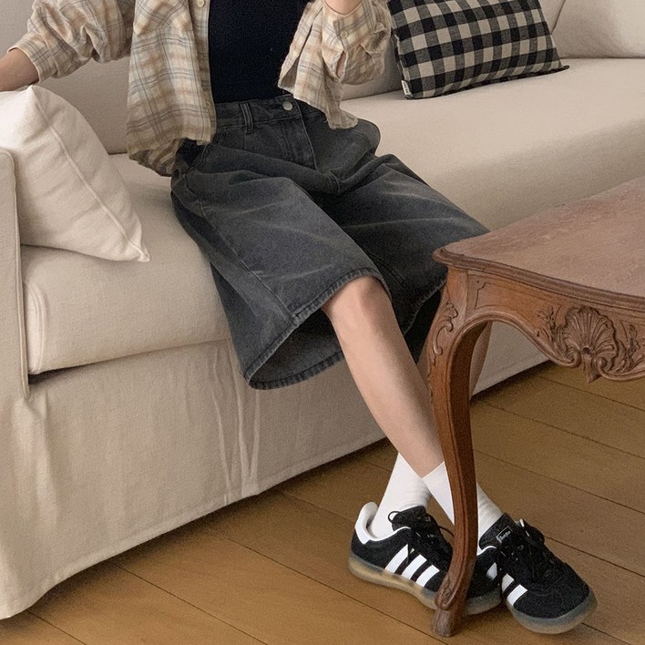 앤샵 원스 데일리 핀턱 와이드 워싱 데님 버뮤다팬츠 버뮤다 반바지 2color