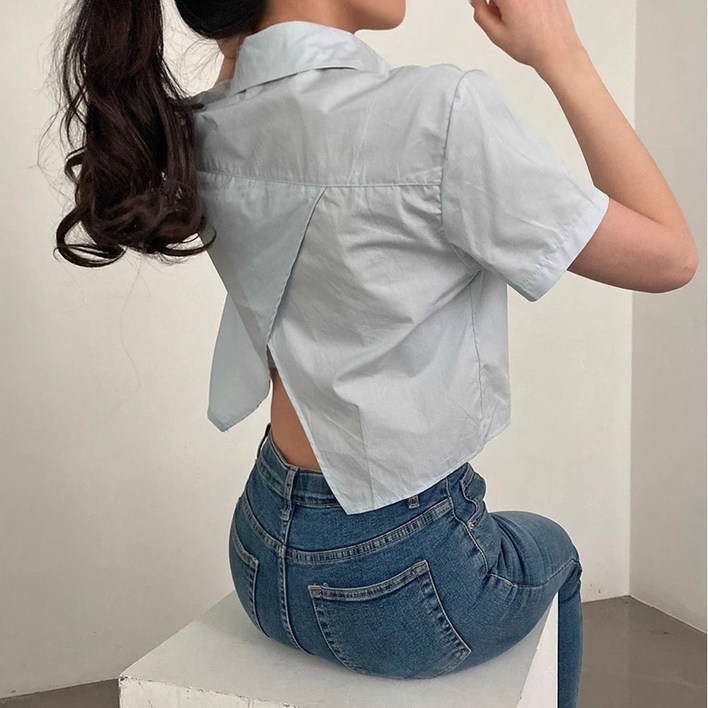 라몬즈사선절개라인 반팔 셔츠 베이직 세미크롭