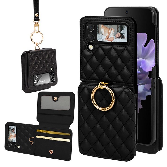 오이키 Z플립케이스 폭신한 레더 휴대폰 케이스 카드 지폐 지갑  + 스트랩