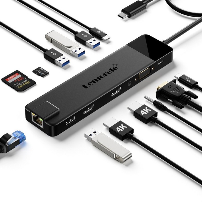 Lemorele 13 in-1 USB C 허브 유형 C 도킹 스테이션 RJ45 PD 100W 어댑터 VGA 1000Mbps 기가비트 이더넷 4K USB 3.0 허브, 검정, 1개
