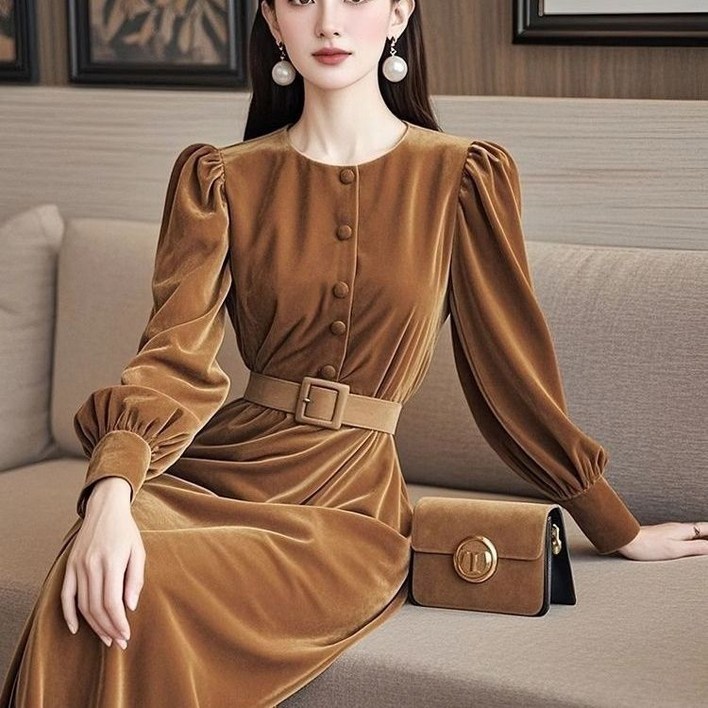 페이준 여성 가을 겨울 헵번 조임 벨벳 원피스 YJ054