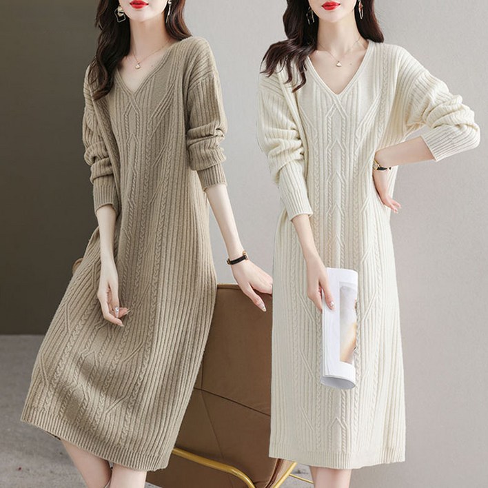 가을겨울 여성용 브이넥 골지 니트 원피스 캐주얼 넉넉한 오버핏 빅사이즈 이너 간절기 스웨터 스커트