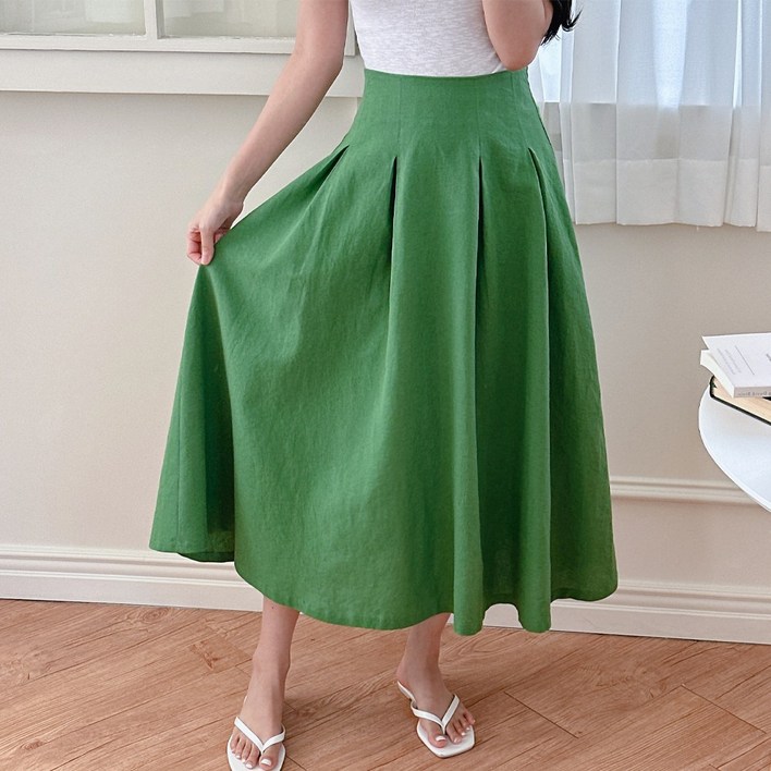 이푼아이 린넨 A라인 플레어 뒷밴딩 롱 스커트