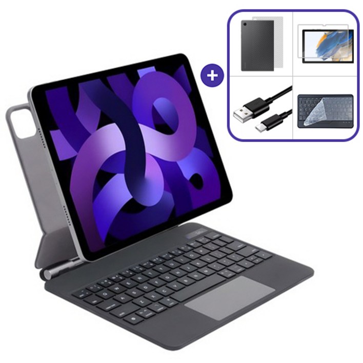 아이패드 에어4세대 5세대 11인치 호환 매직 키보드 케이스강화유리1매후면필름1매, 블랙, 1개