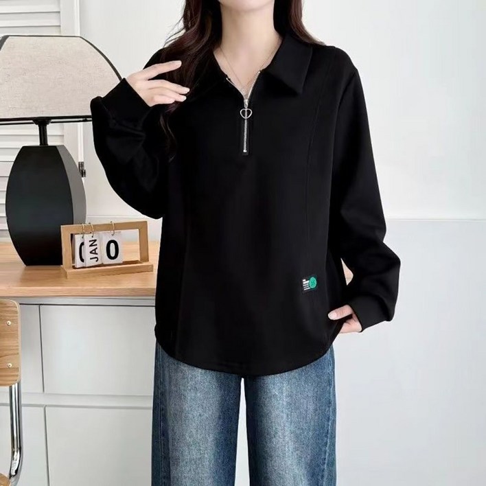 ROYALBELLE 여성 루즈핏 반집업 포인트 카라넥 긴팔 맨투맨 빅사이즈 캐주얼 편안한 티셔츠 D0080718