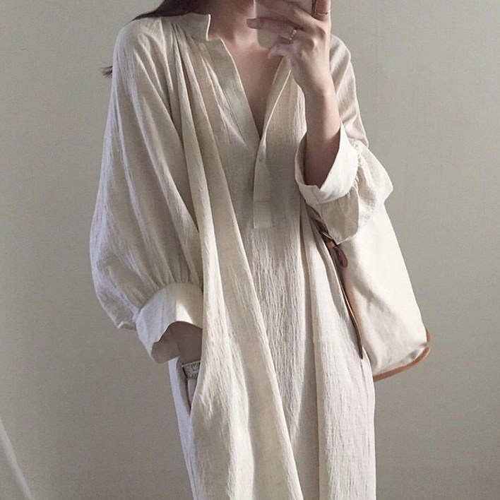 노카라 V넥 네추럴 루즈핏 셔츠 롱원피스