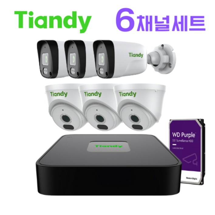 Tiandy 티앤디 CCTV 6채널 자가설치 세트 PoE IP카메라 6대 실내 실외 야외 외부 감시카메라 가정용 사무실 매장 가게 건물 주차장 보안카메라