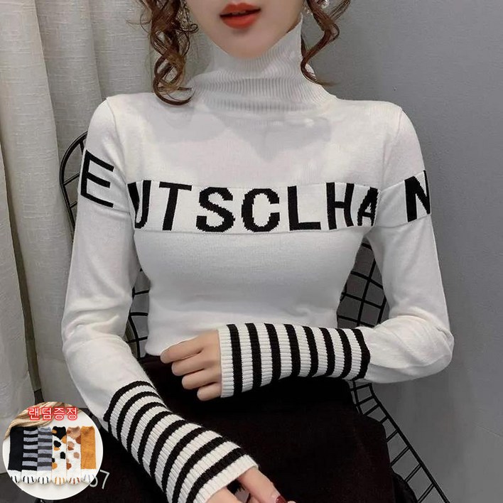 TIYANY 여성용 터틀넥 니트 스웨터 레터링  양말 증정