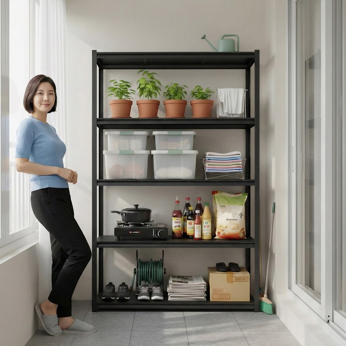 체인지업 에코랙 5단 철제선반 주방 수납장 전자레인지 선반 베란다선반 조립식 다용도 정리 수납 진열, 5단, 검정
