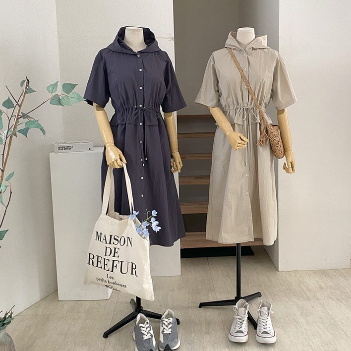 후드 허리 스트링 셔링 프릴 단추 롱셔츠 여름 아노락 원피스 베이지 77사이즈 까지