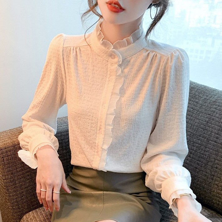 SAHINER 여성 벌룬 소매 셔츠 루즈핏 레이스 시폰 상의 슬림소녀