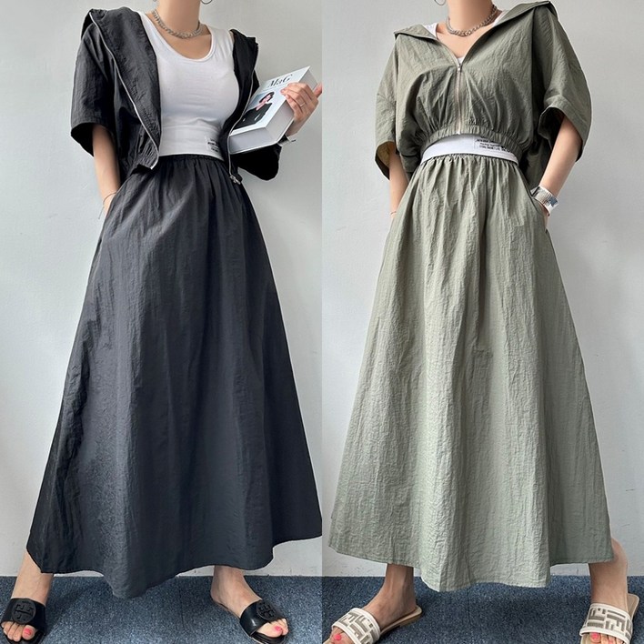 엘샾 아노락후드 반팔집업 롱스커트 셋트