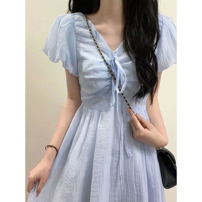 프렌치 벌룬 블루 브이넥 원피스 여성 키 작은 스커트 여름 쉬폰 허리 여리여리해 보이는 예쁜 첫사랑 롱스커트