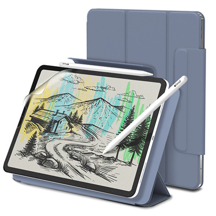 신지모루 마그네틱 폴리오 애플펜슬커버 태블릿PC 케이스  종이질감 액정보호 필름 세트, 라벤더 퍼플
