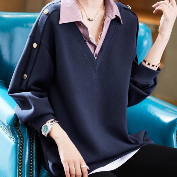 unique 중년여성 카라넥 긴팔 티셔츠 캐주얼 맨투맨 아우터 부드러운 엄마옷 빅사이즈