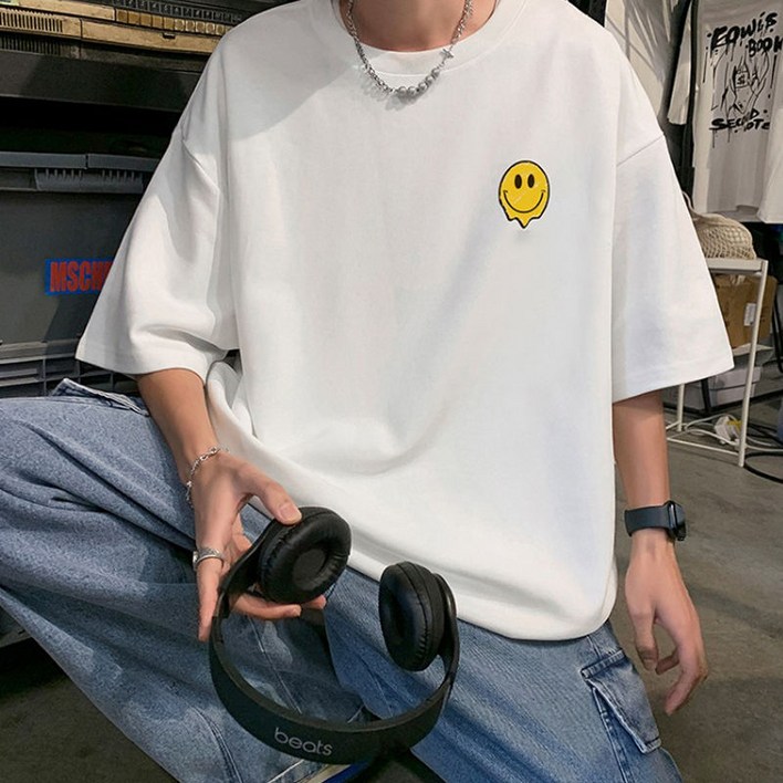 루비루 RB3128 순면 남녀공용 라운드넥 스마일 프린팅 오버핏 반팔 티셔츠