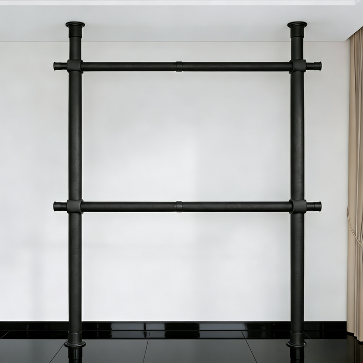 38파이 와이드 2단 행거 고강도 스틸 파이프 설치형 튼튼한 시스템 행거, 블랙