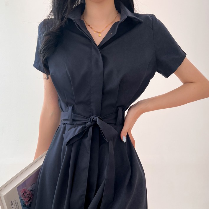 투디 반팔 핀턱 카라 셔츠 롱원피스, 3컬러