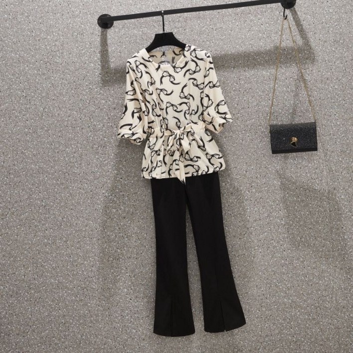 COSYEVNO  중년 여성 패턴 반팔 벨트 세트 LFHmmtz-10