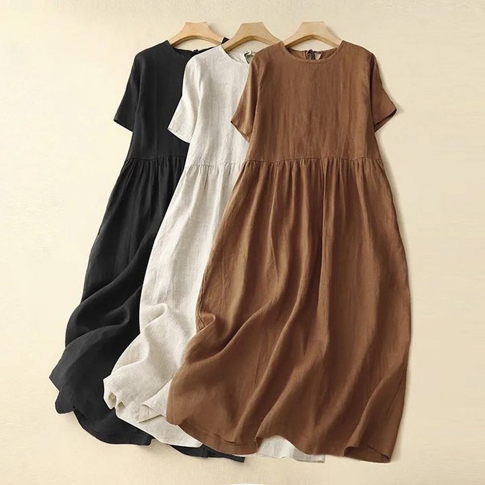 중년여성 순색 라운드 반팔 면마원피스 빅사이즈 캐주얼 루즈핏 심플 린넨원피스 데일리 편안한 치마