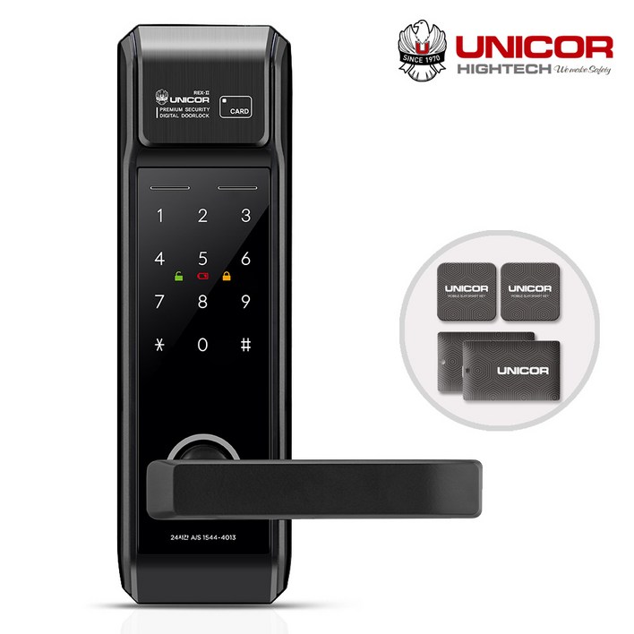 [전국설치] 유니코 렉스2 무타공 도어록 카드키4개+번호키 즉시잠김 잠김속도조절 이중인증(설정가능) 내/외부강제잠금기능 마스터번호[카드]기능 에티켓 허수기능 현관문 디지털도어락, 유니코 렉스2/전국설치(B지역), 방문설치