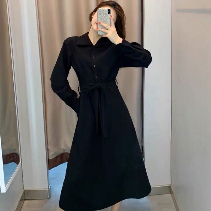 슬림소녀 여성 가을 루즈핏 카라 긴팔 롱 셔츠 원피스 데일리 하객룩