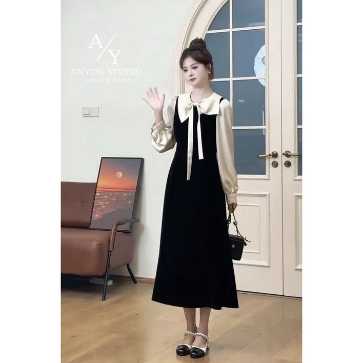 ANYOU 여성 롱원피스 데일리 편안 긴팔원피스 춘추원피스 리본 빅사이즈원피스 하객룩 오피스룩