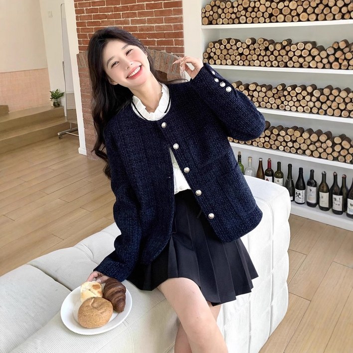 VividChic 트위드 짜임 라운드 코트 여 프렌치룩 루즈핏 날씬해 보이는 고급스러운 재킷 카디건 톱