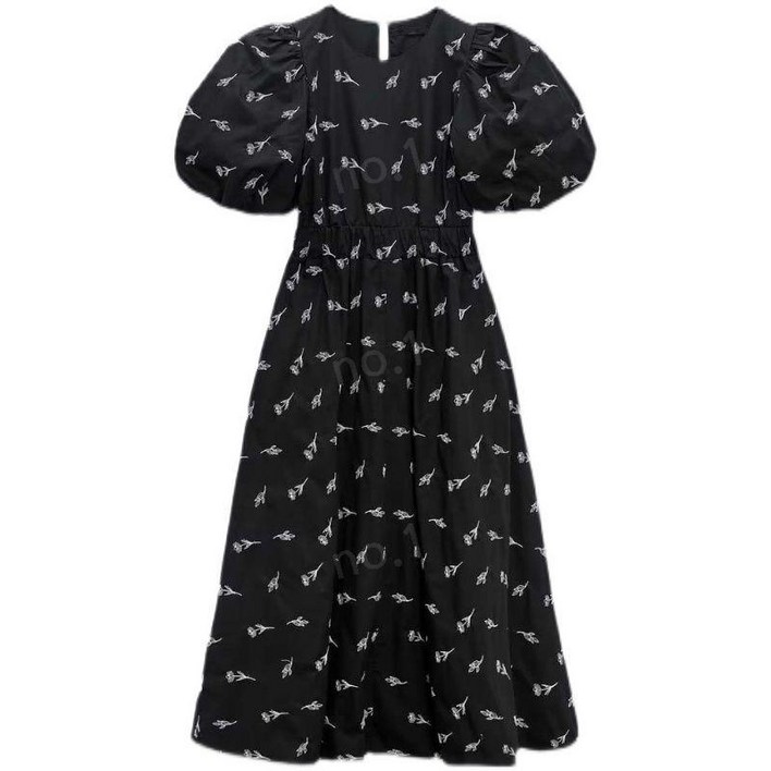 자라 블랙 퍼프 자수 롱 원피스  zara