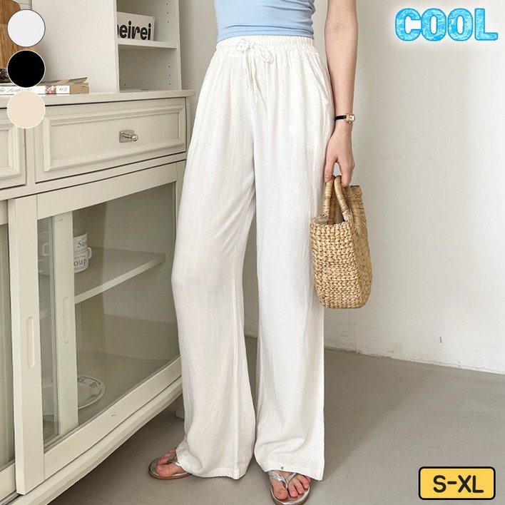 바비팩토리 여성용 린넨 밴드 일자와이드 팬츠 롱기장 시원한 찰랑 린넨긴바지