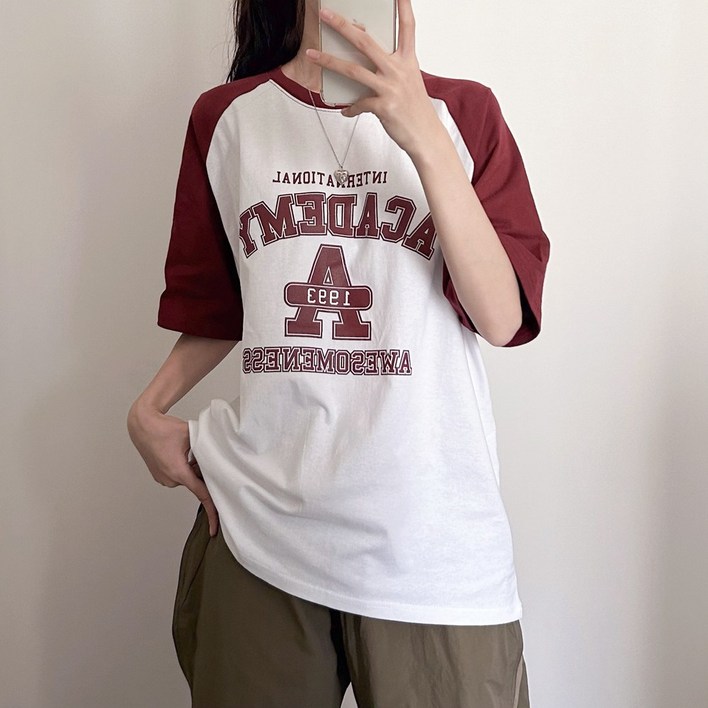 핏 예쁜,여름 꾸안꾸 배색 아카데미 나그랑 오버핏 반팔티