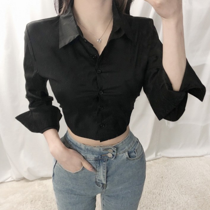 도레미 크롭 뒷밴딩 카라넥 셔츠