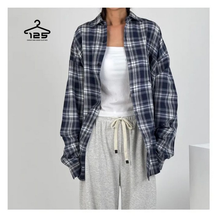 바이일이오 여성 사계절 체크 긴팔 오버핏 루즈핏 셔츠