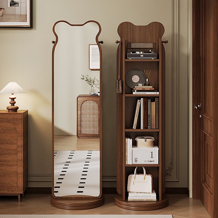 GOOD MOMENT 원목 전신거울 책장 수납 선반 일체형 360도 회전 책장 책꽂이 전신 거울 수납장 드레스룸 침실 인테리어 필수템, 월넛색, 5단
