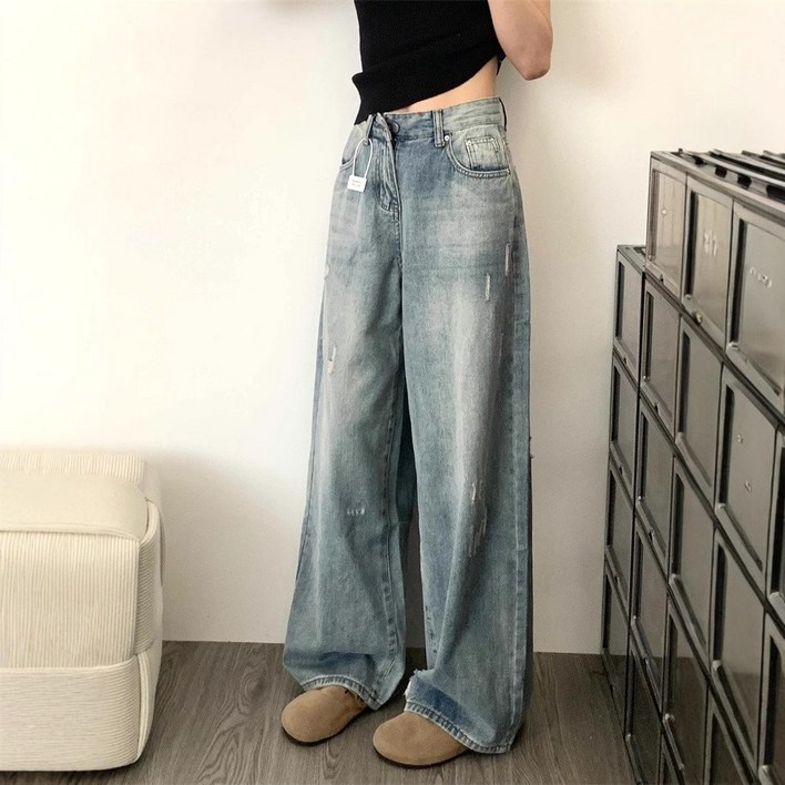 Wiseha 여성 롱와이드 데님팬츠 통넓은 청바지