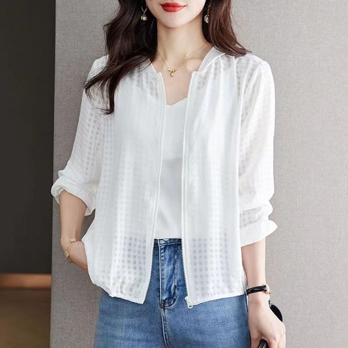 MOSAIRATION 여성 체크무늬 자외선 차단 후드 재킷 긴팔 루즈핏 심플 데일리 집업 점퍼 V021711