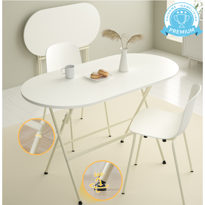 Unihome E0급 인테리어 접이식 테이블 공간활용 다용도 타원 식탁, 화이트, 2인용