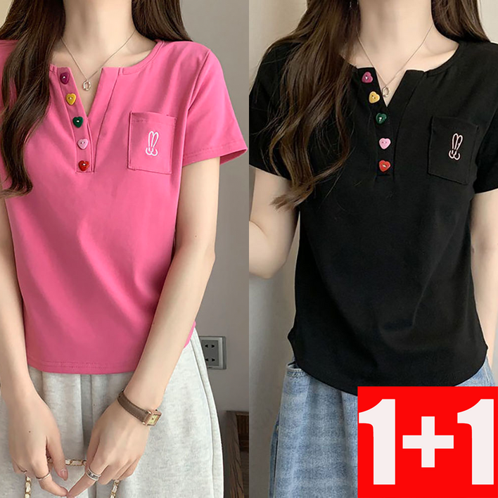 지고다그 1+1 여성  반팔 티셔츠 버튼 디테일 귀여운 토끼 자수 캐주얼 여름 티셔츠 ZXC40016