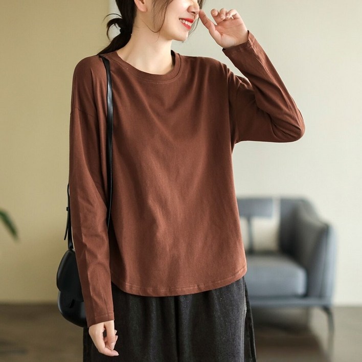 초특가 여성 가을 긴팔 티셔츠 루즈핏 라운드 이너 무지티 기본티셔츠 문예 상의 빅사이즈