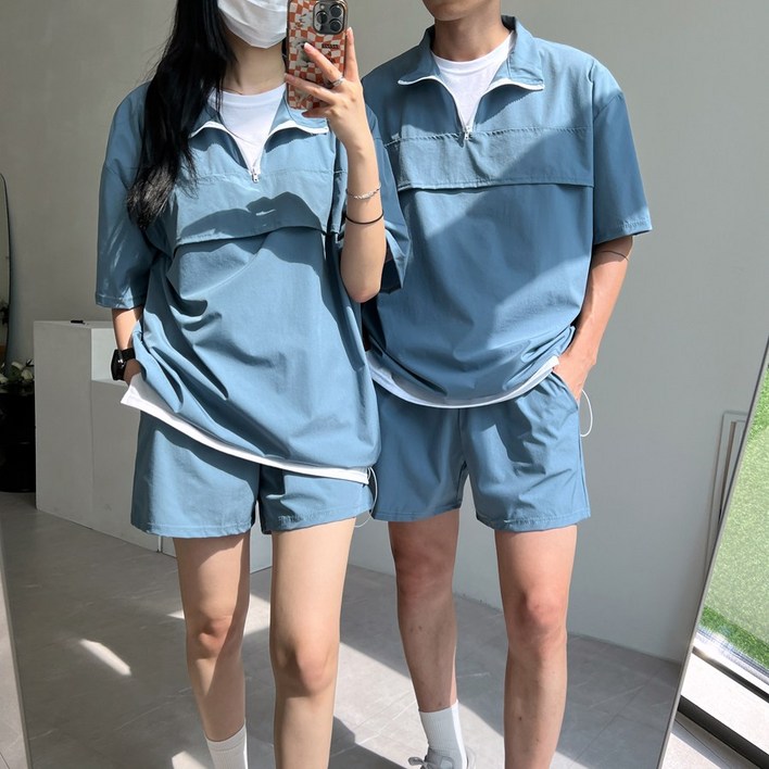 얼로우윈드 반집업 반팔 아노락 세트 여름 트레이닝 셋업 반바지 숏팬츠 남여공용 커플룩 시밀러룩