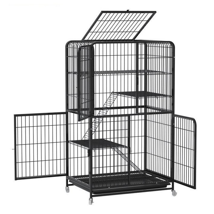 리빙가감법 고양이 대형 케이지 철창 빌라 성묘 현관 반려동물 이동식 바퀴 달린 철장 높은 세로형 고양이장 집 울타리, 1개, 블랙